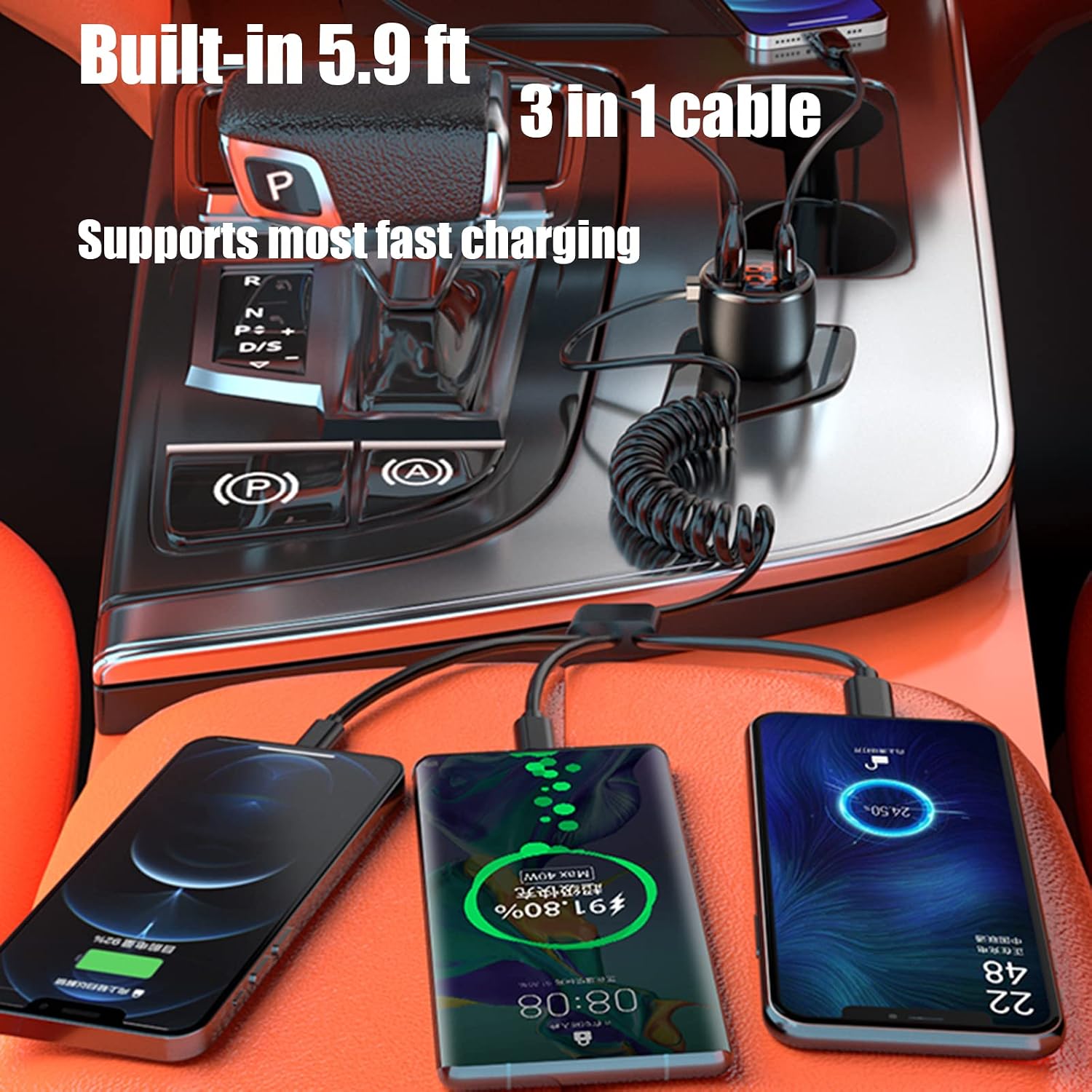 Phmnkl Super Fast Car Charger Type C, 66W+65W+20W QC3.0&PD3.0 5 Port Built-in 4FT Cable USB C Car Charger Fast Charging for iPhone 14/13/12/Google/Pixel/Motorola/LG Android Phones Phmnkl Super Fast Car Charger Type C, 66W+65W+20W QC3.0&PD3.0 5 Port Built-in 4FT Cable USB C Car Charger Fast Charging for iPhone 14/13/12/Google/Pixel/Motorola/LG Android Phones
